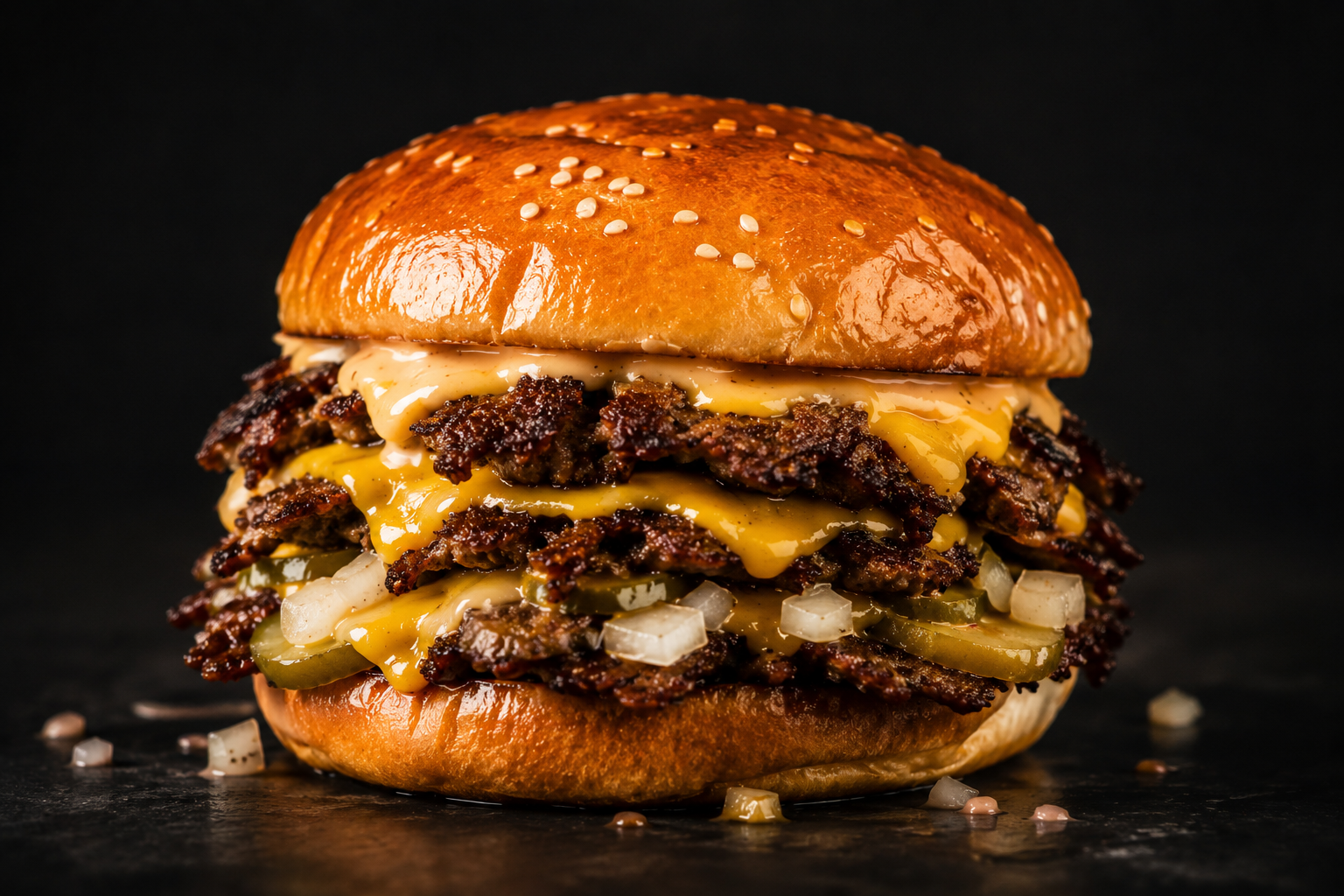 SMASHED. signature triple-stack smash burger with American cheese, pickles and onion